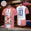 Luka Modrić Croatia soccer jersey with red and white checkers, featuring player photo collage and number 10 on the back.!