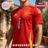 Marc Marquez Spain National Team Red Football Jersey featuring number 93, ant logo, and yellow stripe accents on chest.