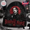 Marilyn Manson Halloween Beanie Hat 2026 featuring red moon embroidery, gothic castle background, and black knit fabric.