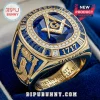 Masonic Blue Sapphire Gold Plated Ring featuring a central compass and square emblem with an eye symbol on the side band.