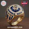 Masonic Blue Sapphire Gold Plated Ring with square and compass emblem, ornate side carvings, and detailed Masonic text.