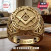 Masonic Gold Plated Square and Compass Men's Ring featuring a G emblem and inscribed Free and Accepted Masons text.