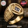 Masonic Gold Plated Square and Compasses Ring with blue enamel G logo, raised textured columns, and etched text detail.