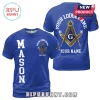 Masonic Lodge Personalized Royal Blue T-Shirt featuring gold square and compass emblem with custom text and lodge name.