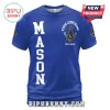 Masonic Lodge Personalized Royal Blue T-Shirt with white MASON text and gold Square and Compasses emblem on chest.