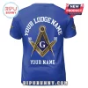 Masonic Lodge Personalized Royal Blue T-Shirt featuring a gold square and compass symbol with a central G on the back.