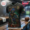 Black Mexico soccer jersey featuring an Aztec skull warrior graphic, Mexico crest, and neon lightning detailing.!