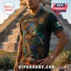 Black Mexico soccer jersey featuring Aztec warrior skeleton graphic, vibrant headdress, and Mayan calendar motifs.!