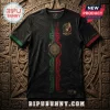 Black Mexico soccer jersey with gold Aztec calendar graphic, red and green central stripe, and national team crest.!