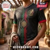 Black Mexico soccer jersey featuring gold Aztec calendar graphics, a team crest, and red and green sleeve trim.!