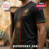 Black Mexico soccer jersey with Aztec sun stone graphics, red and green vertical accents, and Mexico crest on chest.!