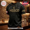Black t-shirt featuring gold Aztec calendar patterns, Mexico text, national emblem, and a sleeve flag graphic.!