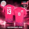 Mexico National Team Memo Ochoa 13 Pink Soccer Jersey featuring front and back views with team crest and geometric patterns.