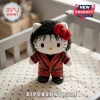 Hello Kitty plush wearing a red faux leather Thriller jacket and black curly wig, standing on a star-patterned crib.!