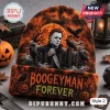 Michael Myers Halloween Beanie Hat 2026 featuring orange and black knit fabric with a horror movie character illustration.