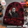 Michael Myers Halloween Beanie Hat 2026 featuring dark red knit, horror mask graphic, knife, and Evil Never Dies text.