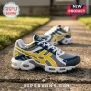 Michigan 2026 NCAA Men’s Basketball Champions sneakers in grey, blue, and yellow on a concrete path.!