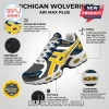 Michigan Wolverines branded Air Max Plus sneaker in navy, yellow, and grey with 2026 NCAA championship detailing.!