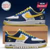 Custom Nike Air Force 1 sneakers with Milwaukee Brewers logo, navy blue, white, and yellow colors, and custom name area.!