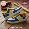 Custom Milwaukee Brewers themed sneakers with blue, white, and yellow leather, baseball glove logo, and wooden background.!