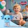 Blue crocheted axolotl plush holding a sign with motivational text against a blurry background of children at a party.!