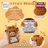 Brown crocheted highland cow toy holding a sign with motivational text about self-belief on a yellow background.!