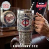 Minnesota Twins Yeti tumbler with silver ornate filigree, rhinestones, team logo, and Target Field stadium engraving.!
