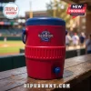 Red and blue plastic insulated water cooler with 2026 Philadelphia All-Star Game logo on a wooden stadium bench.!