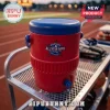 Red and blue plastic insulated water cooler with 2026 Philadelphia MLB All-Star Game logo on a metal athletic cart.!