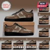 Custom brown and beige baseball team sneakers with deer antler patterns, pine tree silhouettes, and editable name fields.!
