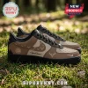 Custom brown and tan sneakers featuring Chicago Cubs logo, deer head icons, pine forest silhouette, and Your Name text.!