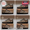 Custom brown and tan sneakers featuring baseball team logos, deer head icons, forest silhouettes, and custom name text.!