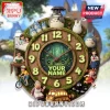My Neighbor Totoro themed round wooden wall clock featuring character figurines, moss texture, and glow-in-the-dark numbers.!