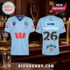 NSW Blues light blue rugby jersey front and back views with sponsor logos and number 26 on a bar background.!