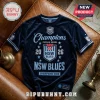 Navy blue NSW Blues State of Origin 2026 Champions t-shirt with embroidered crest, stars, and lettering on leather.!
