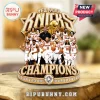 New York Knicks team graphic with gold championship trophy, diamond-encrusted lettering, and basketball player figures.!