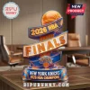 New York Knicks 2026 NBA Finals commemorative trophy featuring a basketball, blue and orange ribbons, and a wooden base.!