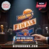 New York Knicks 2026 NBA Finals trophy collectible with orange basketball and blue ribbons on a wooden display base.!