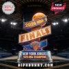 New York Knicks 2026 NBA Finals trophy collectible with orange and blue accents displayed on a black marble pedestal.!