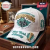 White New York Liberty 2026 Commissioner's Cup Champions baseball cap with distressed patches and gold trophy emblem.!