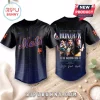 New York Mets Kpop Demon Hunters black baseball jersey showing front and back views with purple accents and anime graphics.
