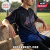 New York Mets Kpop Demon Hunters black baseball jersey with blue cosmic patterns, orange team logo, and button-up front.