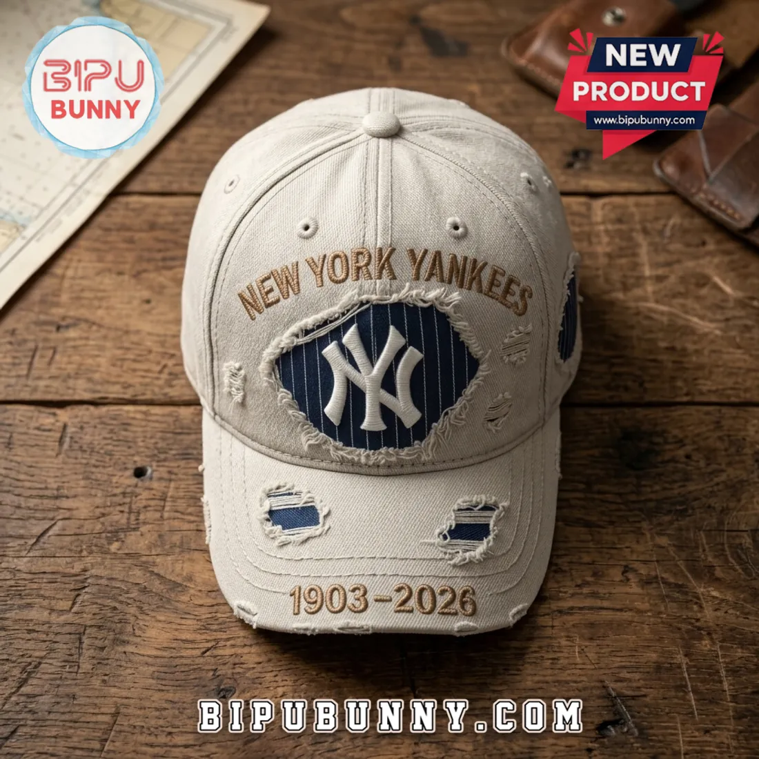 New York Yankees 1903-2026 Distressed Beige Baseball Cap New York Yankees 1903-2026 Distressed Beige Baseball Cap