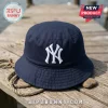 New York Yankees Embroidered Logo Bucket Hat in navy blue cotton fabric with a white stitched interlocking NY emblem.