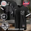 Black pinstripe New York Yankees baseball jersey with Jay-Z 96 on the back and white Nike logo on the chest.!