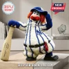New York Yankees Mascot Plush Pillow wearing a blue and white pinstriped baseball uniform and cap holding a soft bat.