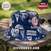 New York Yankees navy blue bucket hat featuring an all-over print of team logos, baseball graphics, and white text.