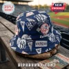 New York Yankees navy blue bucket hat featuring an all-over print of vintage team logos and baseball graphics.