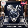 New York Yankees stainless steel chronograph watch with blue dial and team logo, displayed in a branded wooden case.!