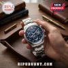 New York Yankees stainless steel chronograph watch with blue dial, diamond markers, and Yankees logo in hand.!